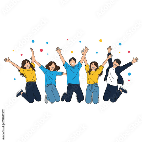 Group of Diverse Young People Joyfully Jumping Together Celebrating Success.