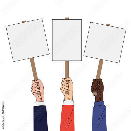 Diverse Hands Holding Blank Protest Signs.