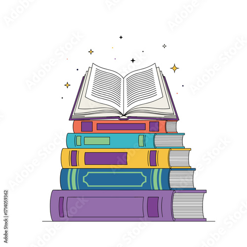Stack of Books with Open Book on Top and Stars.
