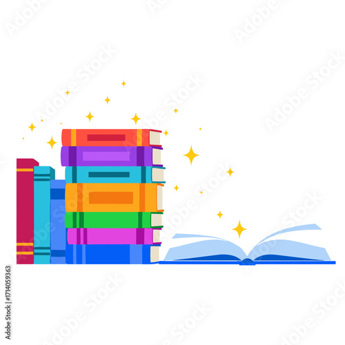 Stack of colorful books and an open book with sparkles.