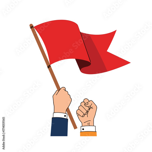 Red flag held high by a determined fist raised in protest.
