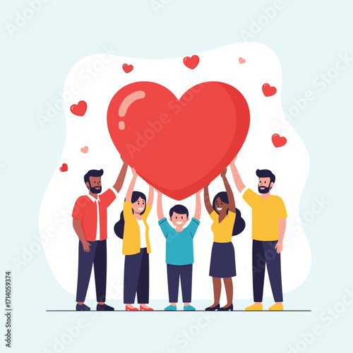 Diverse group of people holding a large red heart together.