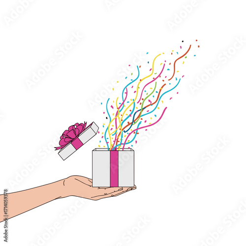 Hand holding open gift box with colorful confetti exploding out.