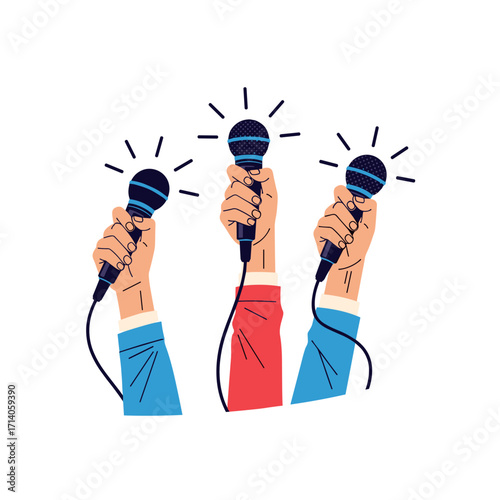 Three Hands Holding Microphones Ready for Interview.