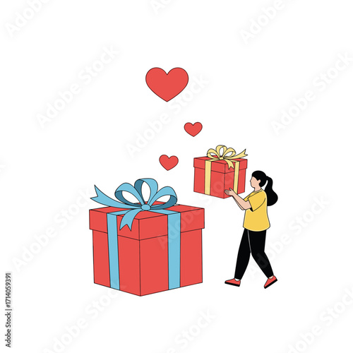 Woman Giving Gifts with Hearts Floating Upwards.