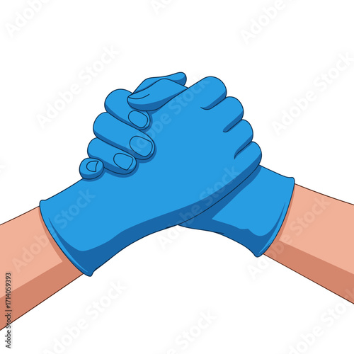 Two Hands Wearing Blue Gloves Shaking Firmly.
