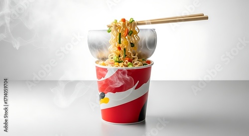 Steaming cup noodles being lifted with chopsticks, showcasing a quick and convenient meal option.
