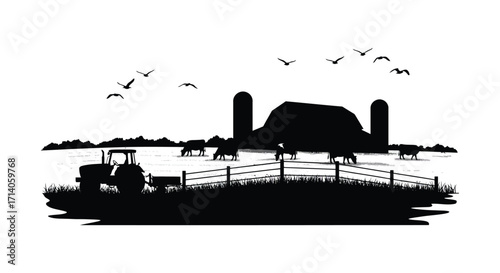 Peaceful farm scene with barn tractor animals and flying birds above