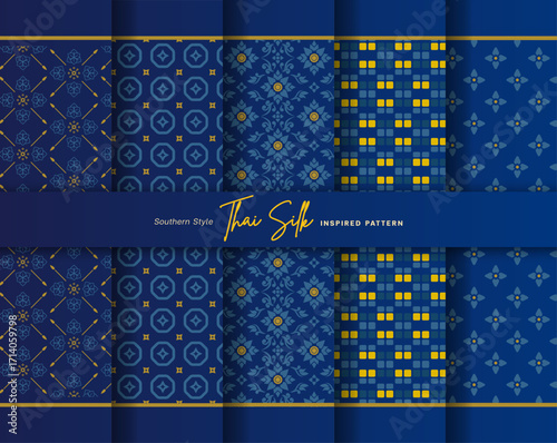 Set of 5 Colorized seamless background pattern. Inspired by North Eastern (Isaan) style Thai silk with traditional color tone.