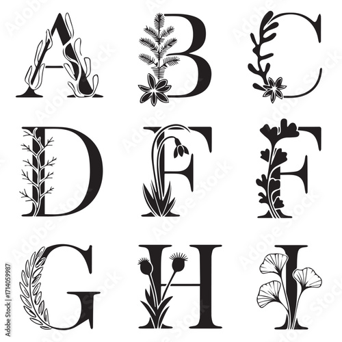 Elegant alphabet letters a through i adorned with delicate botanical floral illustrations on a white background