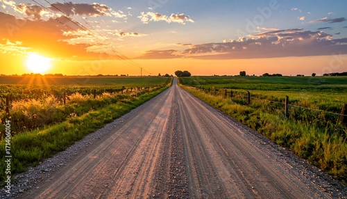 Fototapeta Naklejka Na Ścianę i Meble -  A gravel road stretches through a vibrant landscape at golden hour, bathed in the warm hues of a picturesque sunset.