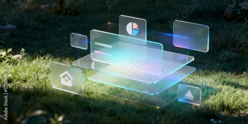 Transparent holographic interface with digital charts and icons floating above grass, concept of technology, augmented reality, eco innovation and sustainable future