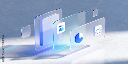 Data analytics dashboard icons with glass ui panels, 3d render of charts, pie graph and image thumbnail in blue gradient light on minimal background for technology, finance and business visualization