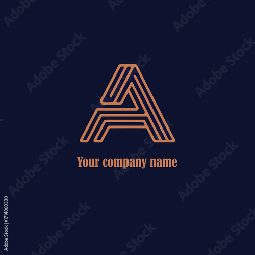 Modern geometric letter A logo in copper orange on navy blue background
