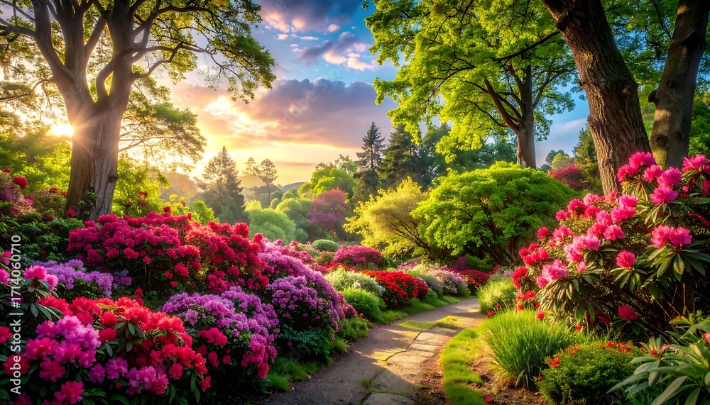 Obraz premium A vibrant garden path winds through a profusion of colorful rhododendrons bathed in the warm light of a beautiful sunrise.