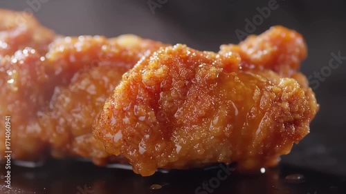 Close-up of golden-brown, glazed chicken pieces with oil dripping