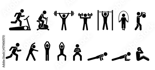 Stickman fitness and gym workout icons set. Vector silhouette pictogram of exercise, cardio, weightlifting, yoga, stretching, running, push up, sit up, plank, pull up, kettlebell, training activities.