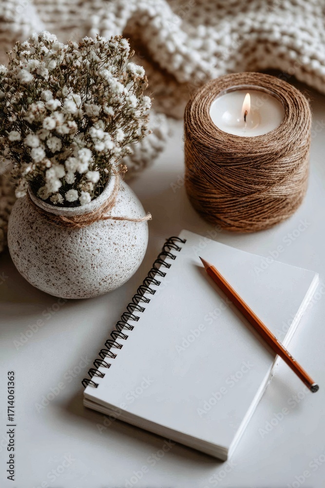 Fototapeta premium Cozy still life with candle, flowers, notebook and pencil