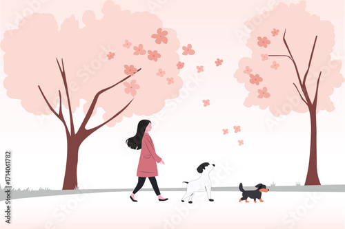 Woman walking her dog along a path lined with cherry blossom trees and flowers, with petals falling gently