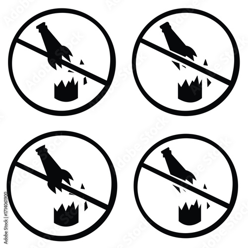 No broken bottles allowed sign with red prohibition circle isolated on white background.