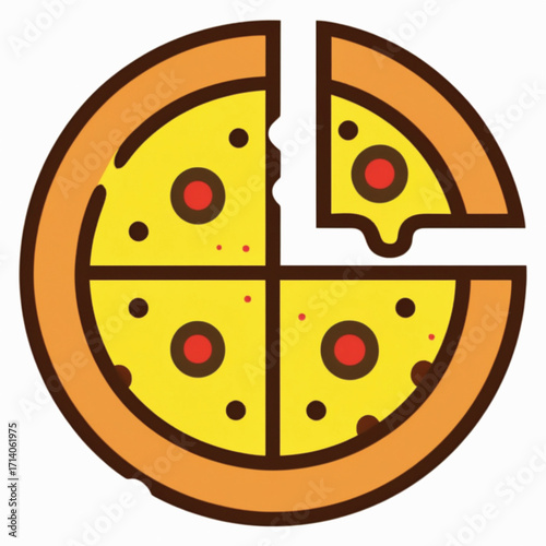 A graphic illustration of a whole pepperoni pizza with one slice being pulled away, showing melted cheese.