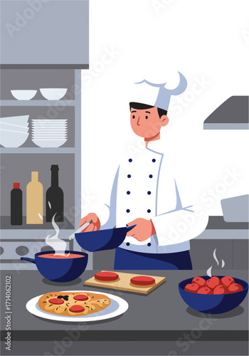 Chef Preparing Multiple Dishes in a Professional Kitchen
