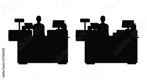 Two checkout counters with silhouetted figures of cashiers at work