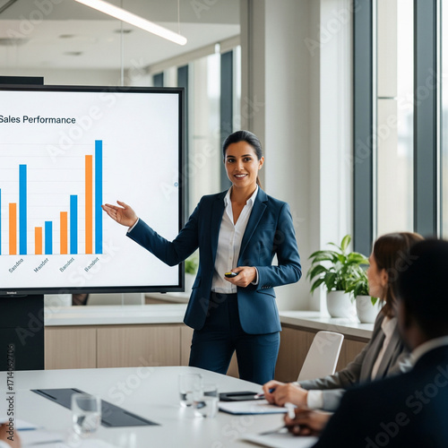 Businesswoman giving a presentation with a large screen behind her