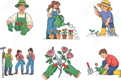 Happy gardeners cartoon characters, people tending to plants and flowers, a set of delightful illustrations for a wholesome nature-themed vector collection.
