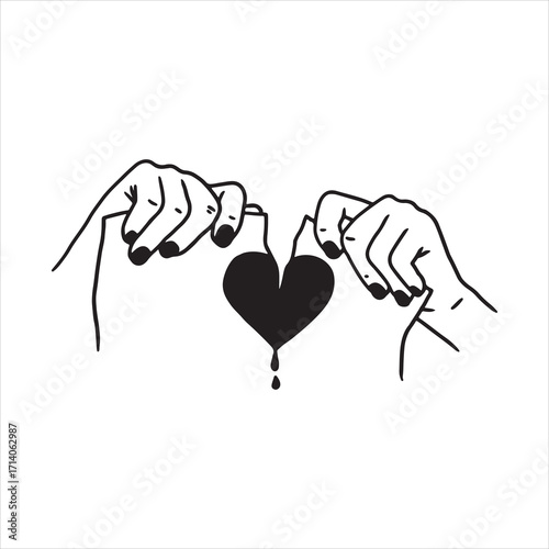 Hands tearing black bleeding heart vector illustration, broken love, sadness, heartbreak, emotional art