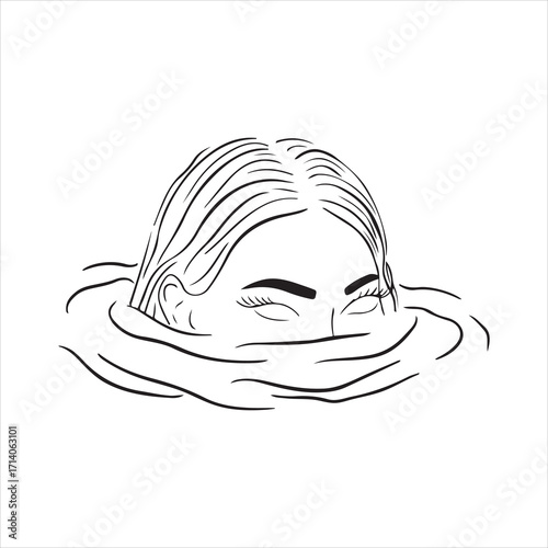 Woman face half submerged in water line art, mysterious surreal abstract portrait, modern tattoo design