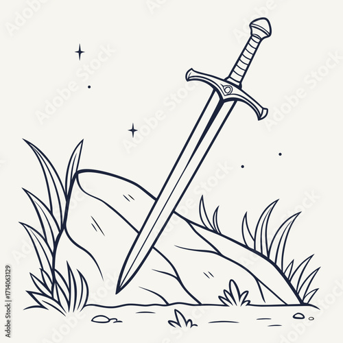 A legendary sword is embedded in a rock surrounded by grass and small stars in a simple line art illustration