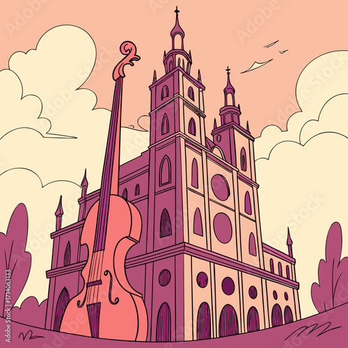 A large cello stands in front of a grand cathedral with ornate architecture under a soft cloudy sky