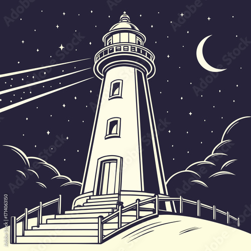 A classic lighthouse stands tall on a hill at night emitting powerful beams of light across a starry sky with a crescent moon