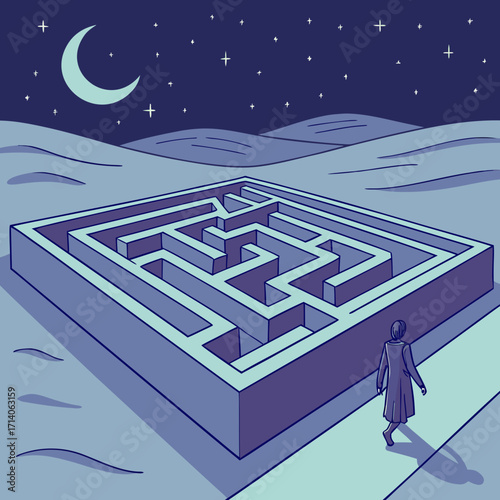 A lone figure walks towards a complex maze under a crescent moon and starry night sky symbolizing life s challenges and the journey of finding one s way