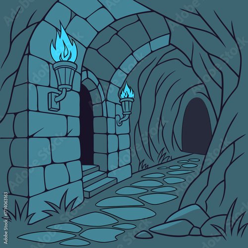 A mysterious dark cave entrance with ancient stone walls and glowing blue torches illuminating a winding cobblestone path leading into the unknown depths