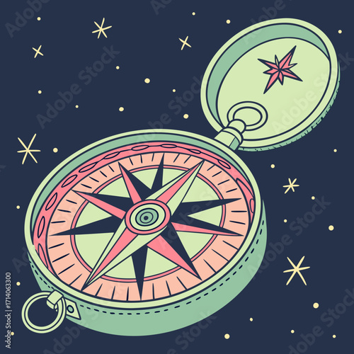 A vintage style hand drawn illustration of an open compass with a starburst design on its lid against a dark starry night sky background
