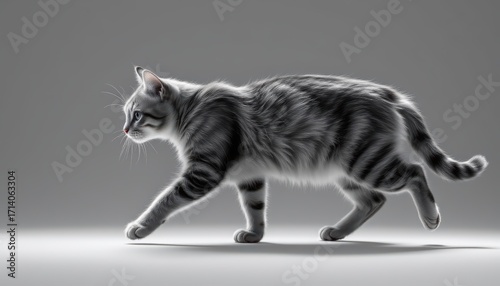 isolated black and white side view of a cat running or walking on all fours, clear, position at top, optimized for photo use, ample copy space at bottom.