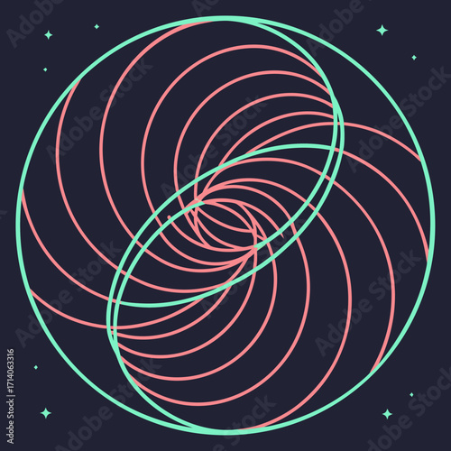 Abstract geometric spiral vortex with intersecting circles and small stars against a dark background modern design