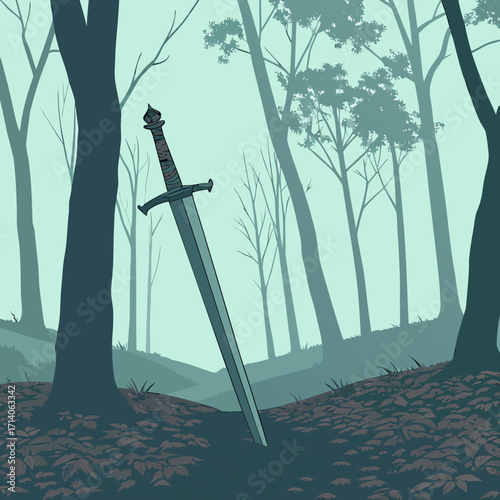 Ancient sword plunged into the forest floor surrounded by misty trees and fallen leaves creating a mystical atmosphere of adventure and legend