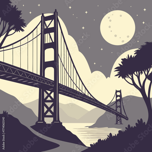 Iconic golden gate bridge illuminated by a large full moon against a starry night sky with silhouetted trees and mountains