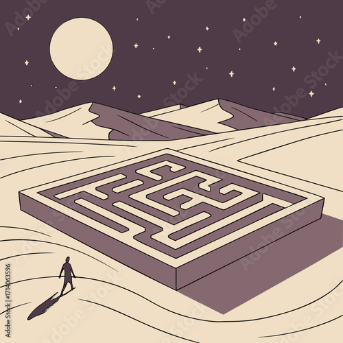 Lone silhouette figure stands before a complex square maze in a vast desert landscape under a starry night sky with a large moon