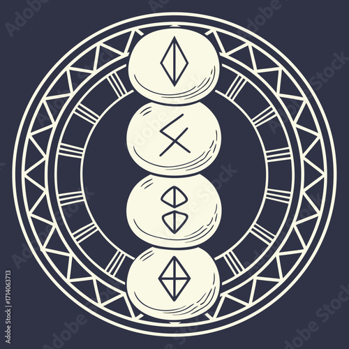 Mysterious ancient nordic runes inscribed on smooth stones stacked vertically within a circular ornamental frame with tribal patterns