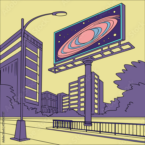 Retro style illustration of a city street scene with a large billboard displaying a colorful abstract planet or galaxy against a pale yellow sky