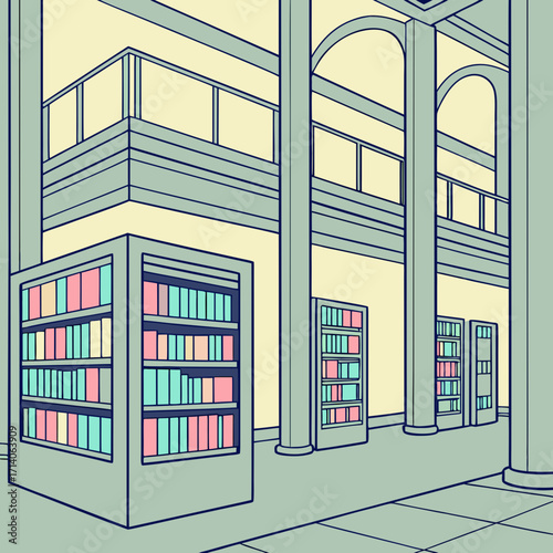 Stylized illustration of a grand library interior with tall columns arched windows and colorful books on shelves evoking a sense of knowledge and learning