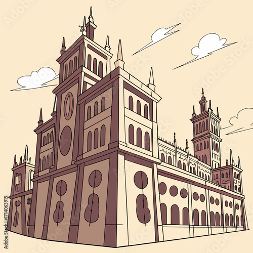Stylized illustration of a grand european cathedral with towers and arched windows under a pale sky with cartoonish clouds