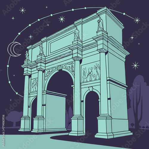 Stylized illustration of a grand triumphal arch at night with a crescent moon and stars in the sky above