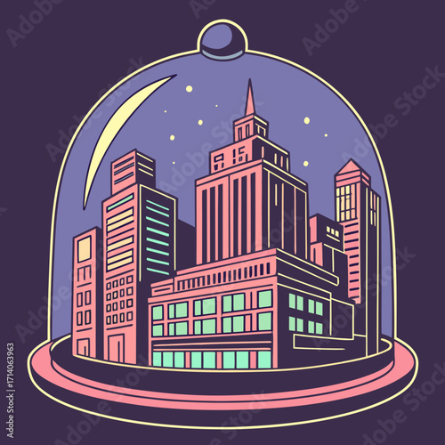 Stylized illustration of a vibrant city skyline enclosed within a glass dome under a starry night sky with a crescent moon