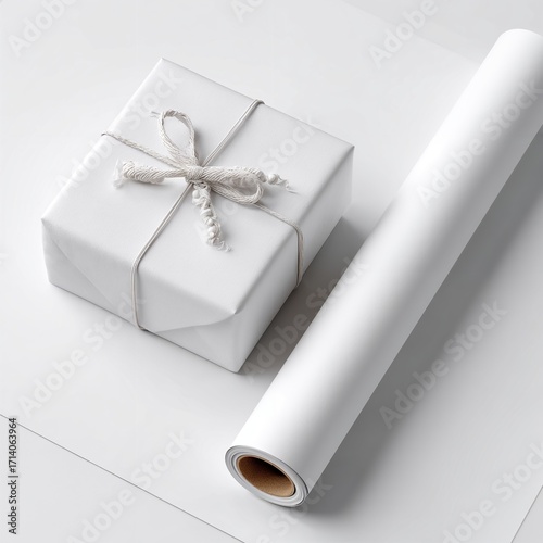 Minimal white gift box with string and wrapping paper roll