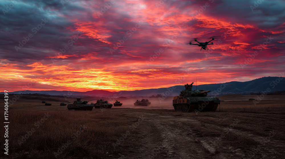 Fototapeta premium Military tanks maneuvering in a dramatic sunset with drones flying overhead during a training exercise